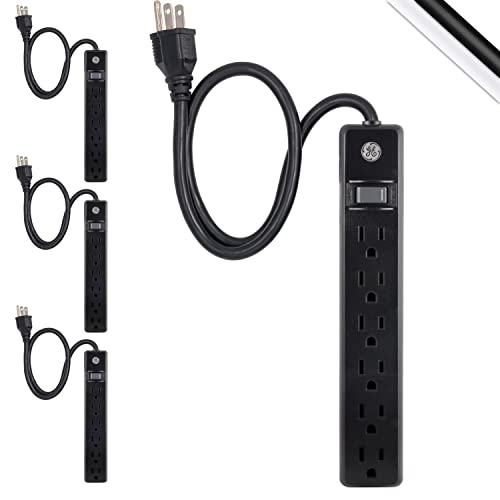 GE Home Electrical GE 6-Outlet Power Strip, 4 Pack, 2 Ft Extension Cord, Heavy Duty Flat Plug, Grounded, Integrated Circuit Breaker, 3-Prong, Wall Mount, UL Listed, Black, 79106