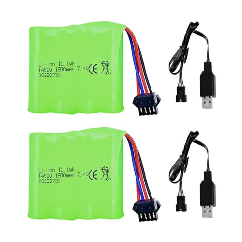 Batterie Li-ION 7,4V 1500mAh avec connecteur SM-4P et câble de Charge pour DE36W DE65 1803 1809 Voitures radiocommandées Monster Truck, Buggy, Crawler RC...