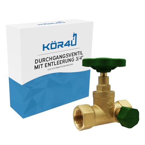 kör4u Durchgangsventil 3/4 Zoll, Messing, PN10, beidseitigem Innengewinde, Trinkwasser geeignet (3/4 mit Entleerung)