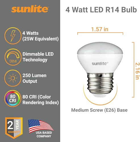 Sunlite 80557 LED R14 Mini Reflector Floodlight Light Bulb, 4 Watts (25W Equivalent), 250 Lumens, Medium (E26) Base, Dimmable, ETL Listed, 3000K Warm White, 1 Count