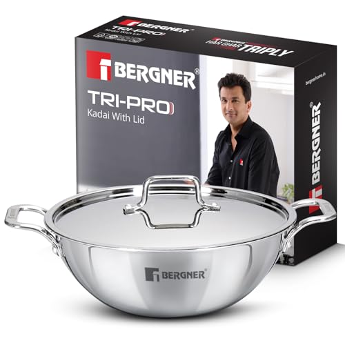 Bergner TriPro Tri-Ply Stainless Steel 24cm (3.1 L) Kadai with Stainless Steel Lid, Triply Kadhai with Heavy Bottom, Non-Toxic, Healthy, Less Oil Cooking, Easy to Clean - Induction and Gas Stove Ready