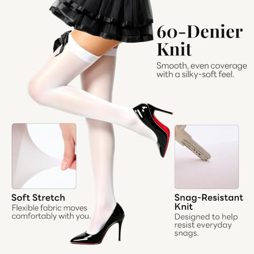 Image of Women's White Thigh-High Stockings with Satin Bows, Stay-Up Socks