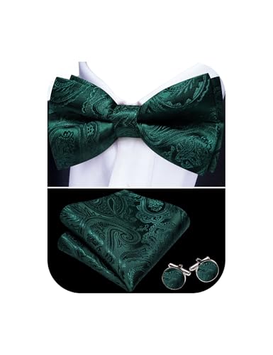 Image of Barry.Wang Paisley Striped Bow Tie for Men Silk Pre-Tied Bowtie Pocket Square Cufflinks Set Formal Wedding Party Prom