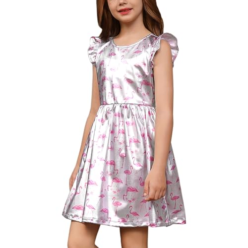 QPANCY Girls Party Dress Ruffle Sleeve Shiny Metallic Dresses Kids Disco Prom Outfits