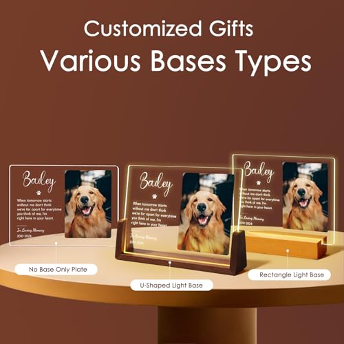 Jodimitty Personalisiert Haustier Gedenktafel aus Acryl, optionales LED-Licht und Holzsockel, mit Foto und Text, Gedenkgeschenke Bilderrahmen Andenken an verstorbenen Hund Katze (Stil C)