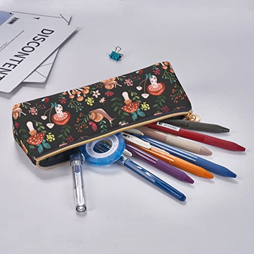 Image of Mushroom Snails Butterfly Flower Pattern Leather Pencil Case Zipper Pen Makeup Cosmetic Holder Pouch Stationery Bag for School, Work, Office