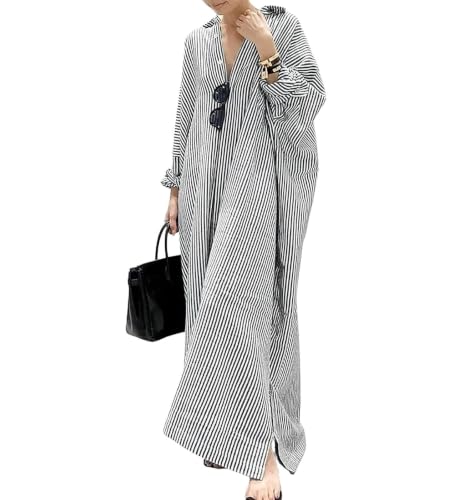 Image of ebossy Women's Oversized Boho Striped Shirt Dress Button Up Long Sleeve Flowy A Line Caftan Dress with Pockets