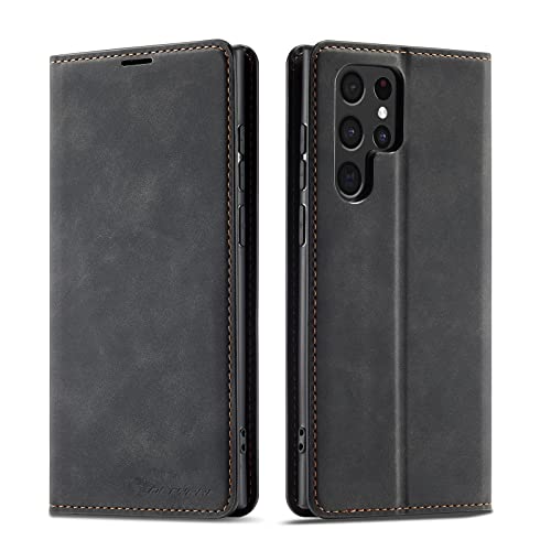 Coque Samsung S22 Ultra QLTYPRI étui portefeuille en cuir PU noir