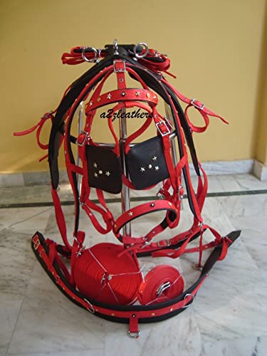 SHOWMEN CRAFT Nylon Driving Harness for Single Horse in Red/Black with Diamante Browband Bridle in 4 Size (Cob)