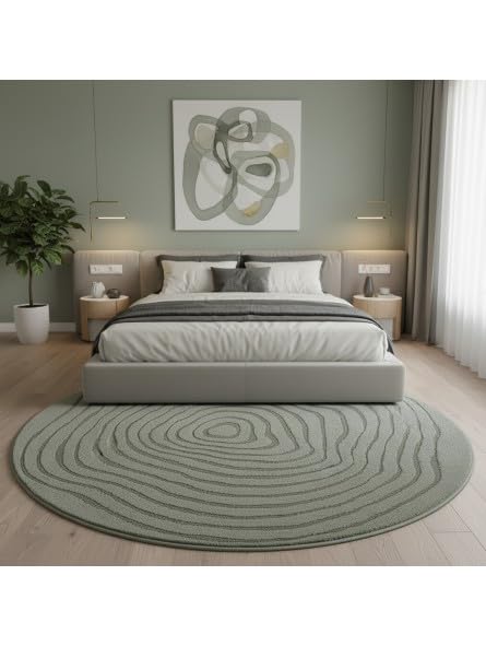 Tapis Rond Moderne à Relief Fluide avec Lignes organiques superposées - Dimension 120 cm Ronde, Couleur Vert