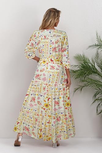 Image of Women Short Sleeve V Neck Floral Print Casual Bohemian Maxi Dresses
