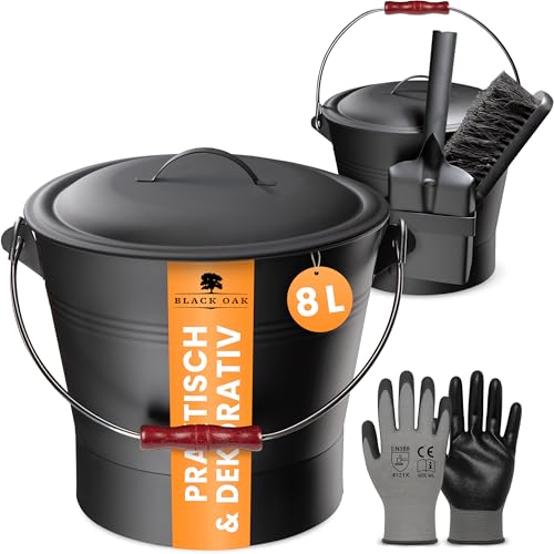 BLACK OAK Ascheeimer LANIN 8L - Asche-Eimer schwarz mit Deckel & Holz-Griff DUNKEL + Feger + Schaufel & Handschuhe - 8 L groß Stahl feuerfest verzinkt & pulverbeschichtet für Asche Kohle Pellets