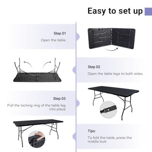 Image of Byliable Black 6ft Portable Folding Table - Heavy Duty Plastic Fold-in-Half Table for Indoor & Outdoor Use, Utility Dining, Camping, Picnic, Party