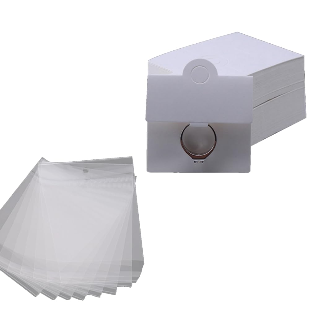 xbiez 100 Pcs Kraft Ring Display Packaging Cards with Hanging Holes Blank Jewelry Display Cards for DIY Crafts and Retail, White