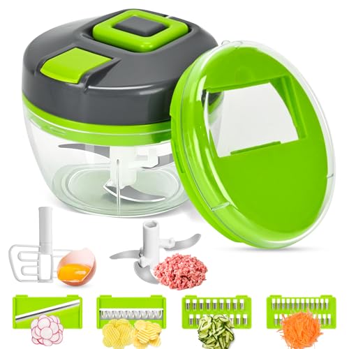 【Altre Caratteristiche】:①Design con corda di trazione manuale - pratico per esterni. ②Testine removibili. ③Base antiscivolo. ④Vegetable chopper con coperchio ermetico integrato per conservazione temporanea.