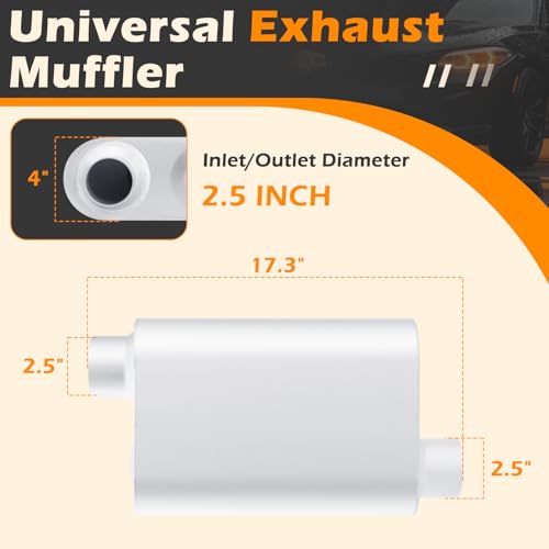 Image of A-KARCK Universal Exhaust Muffler 2.5 inch Offset Inlet 2.5 inch Offset Outlet, 17.3 inch Overall Length Aluminized Steel Aggressive Sound Race Muffler for Cars, Trucks