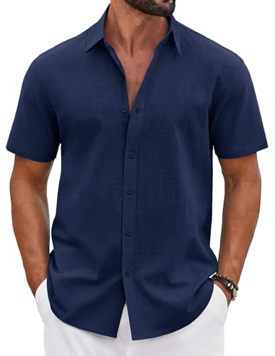 COOFANDY Linen Shirt for Men Tropical Shirts Beach Wedding Guest Shirt Summer Pure Cotton Shirts Navy Blue