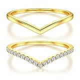 Dochais 2PCS 14k Gold Plated Rings for Women 925 Sterling Silver Wishbone Ring Non Tarnish Wedding Bands Stackable Dainty V Shaped Rings CZ Wedding Rings Promise Ring Engagement 10