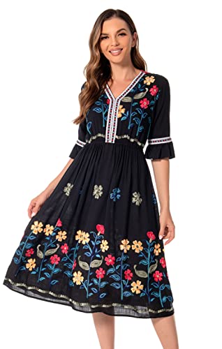 Image of Shineflow Women's Short Sleeve Mexican Embroidered Floral Pleated Midi A-line Cocktail Dress