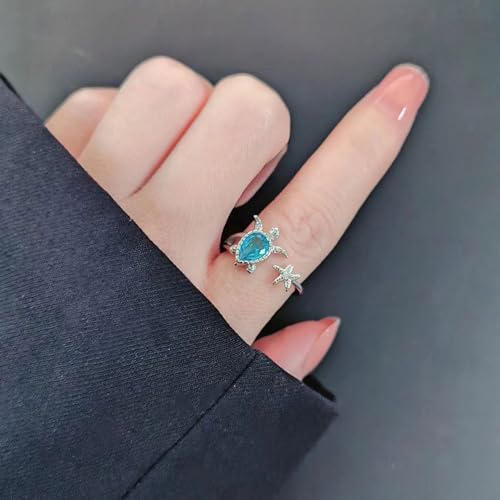 OIDIMS Sea Turtle Starfish Statement Ring Blue Cubic Zirconia Adjustable Open Crystal CZ Animals Pets Nature Ocean Rings Finger Band Eternity Wedding Engagement Cute Jewelry for Women2