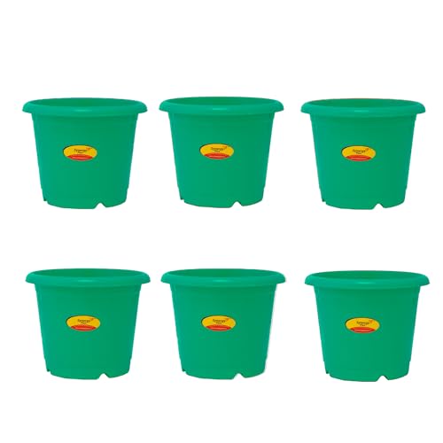 Image of Synergy Plast Plastic Round Shape Flower Pots 6 Pcs, 10 Inch Heavy Duty Plant Containers /Planter /Gamla /Plant Pot for Gardening, Balcony, Terrace, Home Decor Indoor & Outdoor Planting (Green)