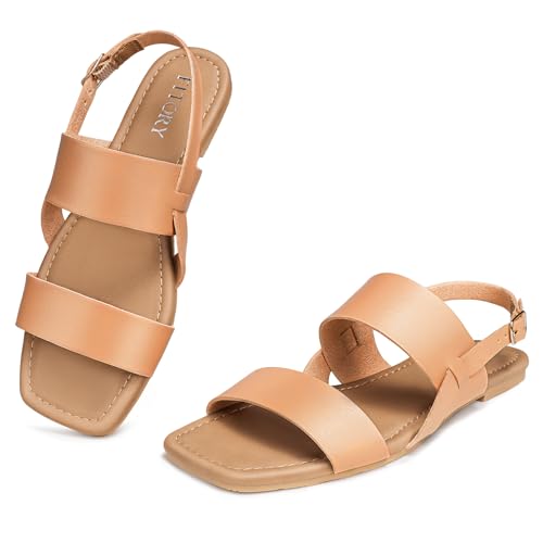 FITORY Women's Flat Sandals Fashionable Square Open Toe Adjustable Buckle Slippers Summer Size 9 Camel