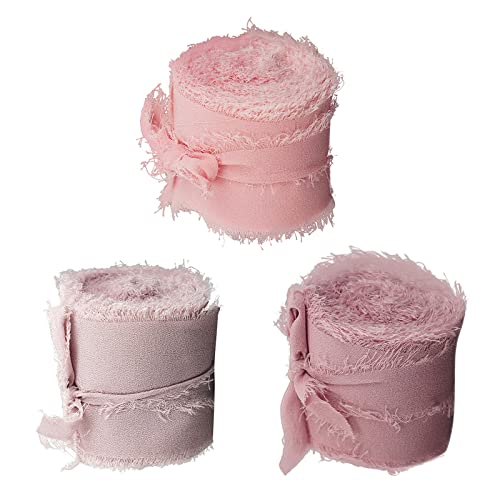 Bhuuno 3ロールロールフリンジシフォンシルクのようなリボン、手作りのフリンジエッジテープ1.5インチ5ヤードの結婚式の招待状のためのバーケ, ディープピンク+ピンク