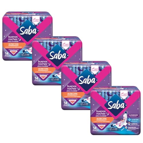 SABA Ultra Invisible Ultra Thin Night Pads with Wings Overnight Heavy Absorbency 4-Pack of 14 Pads (56 Count)