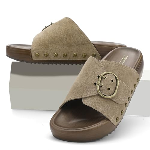 Image of UBFEN Womens Slides Platform Sandals - Genuine Leather, Arch Support Comfortable Buckle Sandals for Walking