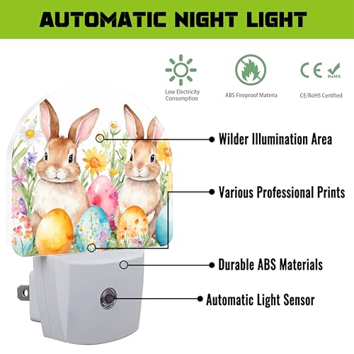 Image of Easter Bunnies and Eggs Night Light for Kids,Cute Easter Rabbit and Flowers Plug in Night Light with Dusk to Dawn Sensor, 0.5w Energy Saving Nightlight for Hallway Stairway Kitchen Bedroom