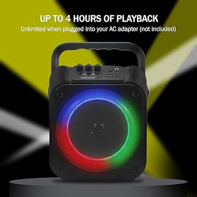 Magnavox MHT778 Portable Karaoke System w/Lights, Bluetooth, 12W Output, USB/Micro SD/Aux Input, 1 Wired Mic, PA System at Home/on the go, Built in Rechargeable Battery, Big Sound in a Little Package