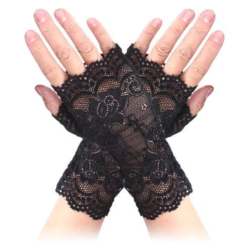 WLLHYF Fingerlose Damenhandschuhe Schwarz für Damen Halloween Fingerlose Handschuhe Braut Hochzeit Abschlussball 1920er Jahre Teeparty...