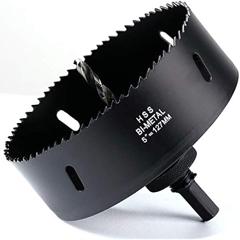 127 mm HSS BI-Metal Hole Saw, 35 mmCutting Depth Hole Cutter with Hex Shank Drill Bit Adapter for Wood Cornhole Boards Plastic Drywall Fiberboard Can Light Recessed Light, Black Cover