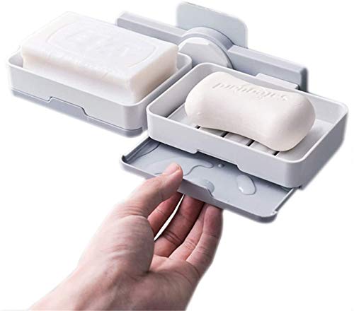 JIALTO Plastic Wall Mounted Double Layers Soap Dish Saver with Drain Tray, Adhesive Sponge Holder No-Drilling Soap Holder for Shower Bathroom Kitchen - Multicolour (Image - 2)