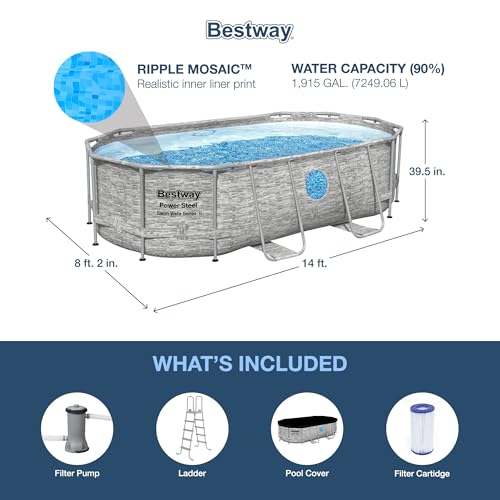 Bestway Power Steel Swim Vista Series II 14' x 8' 2" x 39.5" Above Ground Outdoor Swimming Pool Set with 530 GPH Filter Pump, Ladder, and Pool Cover