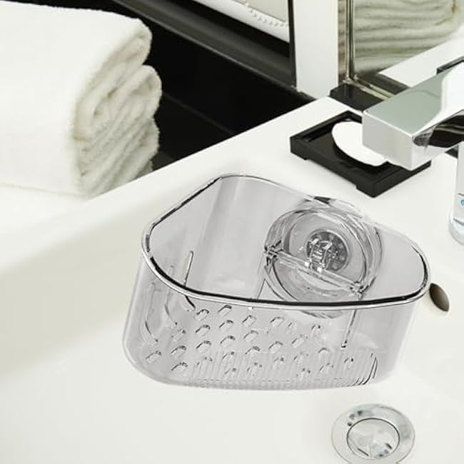 Sink Corner Sponge Holder, Sink Storage Rack Suction Cup,Suction Cup Sink Corner Rack,No Drilling Shower Shelf, Bathroom Storage Rack For Kitchen Organization Accessories (Transparent)