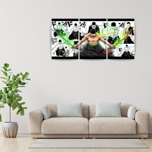 Image of One Piece Anime Manga Poster, One Piece Character Design Wall Poster 3 Panal - A4 Size, 300 GSM, Wall Decor Posters Wall Art For Bedroom, Living room, Office, Dining Room,No Frame (Zoro-6)