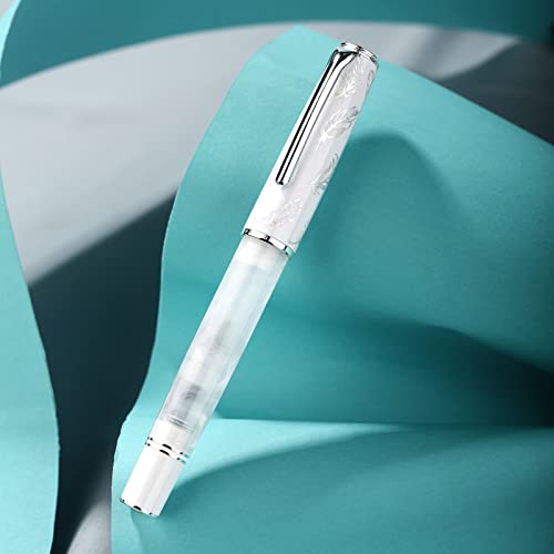 Hongdian N8 White Acrylic Resin Fountain Pen, Iridium Medium Nib Silver Plated Feather Carving Cap Smooth Writing Pen With Converter And Metal Pen Box Set #TOP1