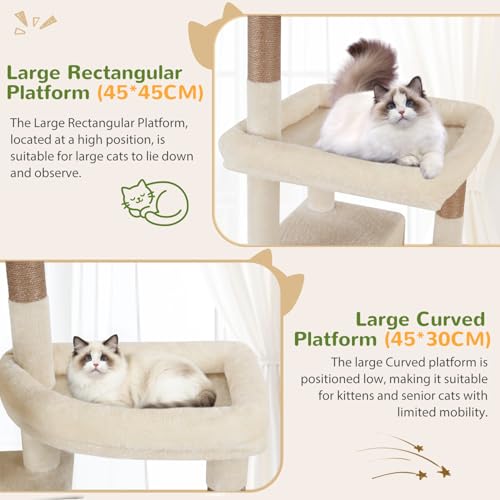 Globlazer Árbol Rascador para Gatos Grande Beige 189 cm Alto con 2 Nidos Grandes 45*30CM, 3 Plataforma Acolchada, 2 Cesta, Juguetes de Peluche, Estable Rascador para 3-5 Gatos Interior (F74F, Beige) - imagen 4
