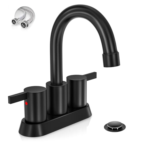 Top 10 Best Bathroom Faucets for Hard Water Reviewed 9 Phiestina 4 Inch 2 Handle Centerset Matte Black Lead-Free Modern Bathroom Faucet, 360 Swivel Spout 2-3 Hole RV Bathroom Vanity Sink Faucet with Pop Up Drain and Water Supply Lines,BF015-1-MB