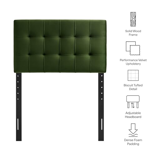 Image of Modway Lily Twin Size Stain-Resistant Performance Velvet Headboard in Moss Green - Velvet Upholstery with Button Tufting and 4 Adjustable Height Positions