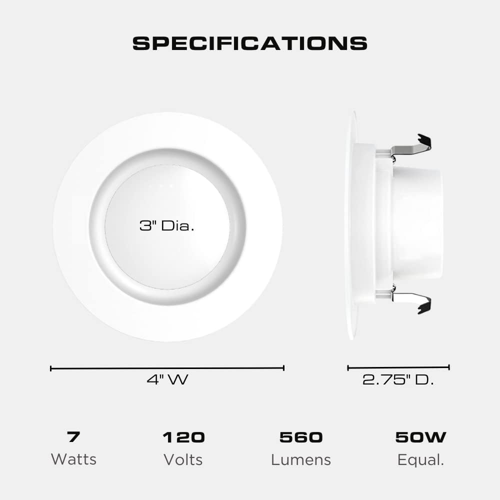 3-Inch LED Recessed Downlight, Dimmable, 7W=75W, 560 LM, E26 Base, CCT Color Temperature Selectable 2700K | 3000K | 3500K | 4000K | 5000K, Damp Rated, Simple Retrofit Installation, UL Listed, 6 Pack