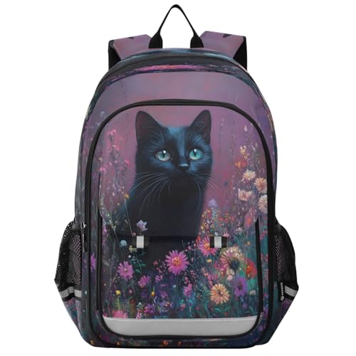 Sac à dos pour ordinateur pour enfants motif chat noir et fleurs sauvages
