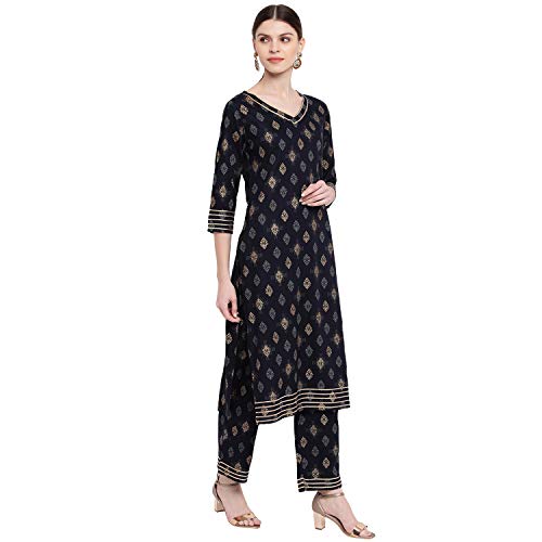 Image of Khushal K Women's Rayon Foil Print Kurta With Palazzo Set (Blue)