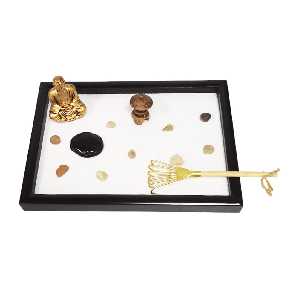 Relaxing Japanese Zen Garden with Aesthetic, 9.8x7x0.8 Zen Garden Tools Stable Wooden Sand Tray and Accessories, Wood Golden Rake, Rock, for Home Meditation Therapy Zen Garden for Desk