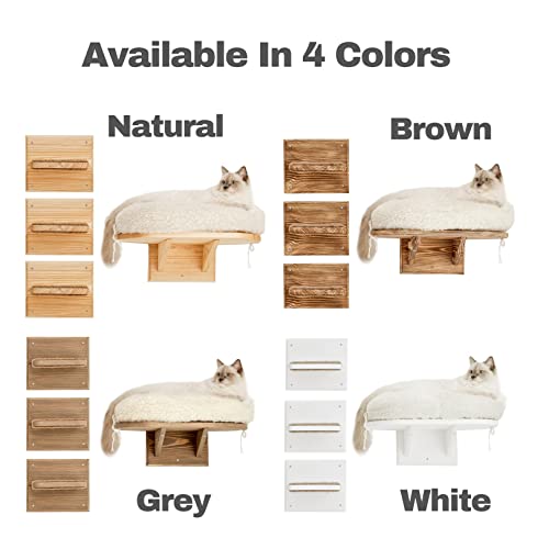 Image of Novecrafto Wall Mounted Cat Shelf Perch Bed With 3 Climbing Steps- Solid Wood Cat Sleeper Platform Shelf With Extra Soft Cushion - Grey Cat Bed