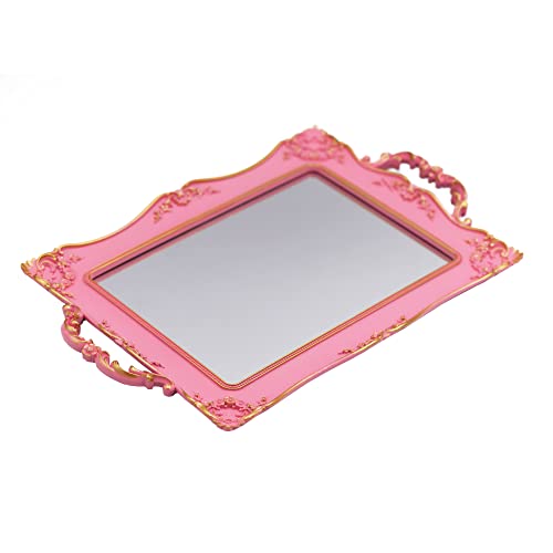 Tstarer Bandeja cuadrada decorativa envejecida con espejo con marco rosa, organizador de joyas y cosméticos para tocador, cuadrado, 9.5 x 14.5 pulgadas (rosa)