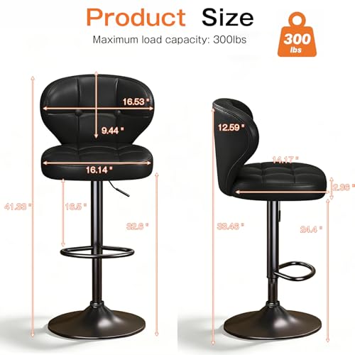 Image of Modern Bar Stools Set of 2, Adjustable Swivel Upholstered Full-Back Counter Height Bar Chairs for Kitchen Island, Dining Room, Bar Black
