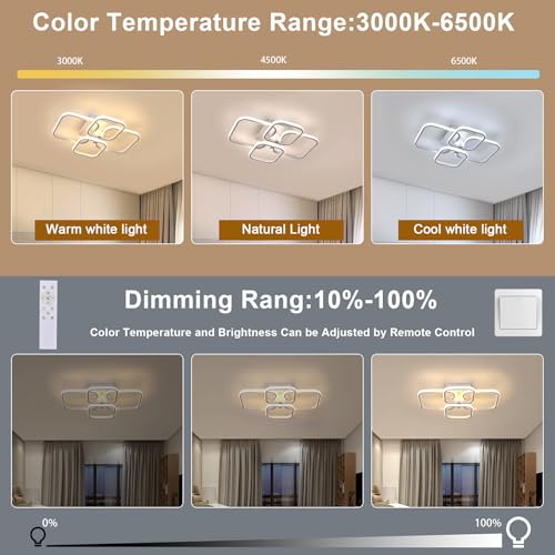 Plafonnier LED dimmable 48W 5400LM moderne à 4 carrés avec télécommande pour salon