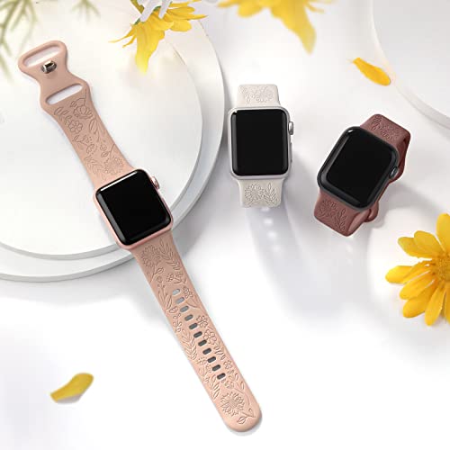 Snblk Compatible With Apple Watch Series 7 Band 45Mm For Women, Delicate Flower Silicone Wrist Replacement Strap Compatible With Iwatch Bands 44Mm Men, Starlight/Milk Tea/Smoke Violet, 42Mm/44Mm/45Mm #TOP6